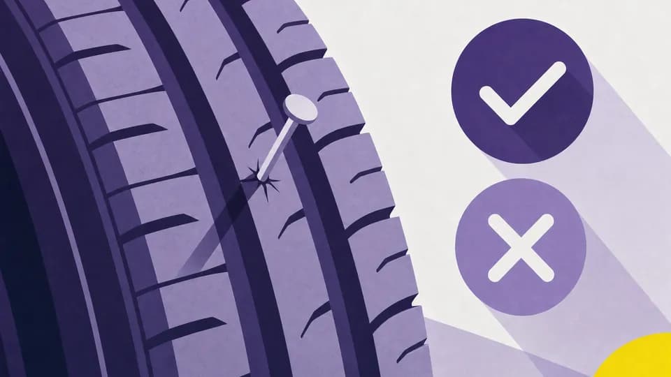 A nail in a tire’s tread beside a check mark and a cross