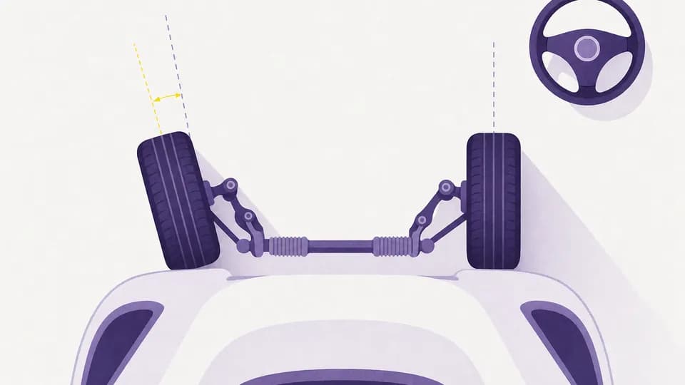 A car’s front wheels and steering linkage seen from above, with alignment angles marked