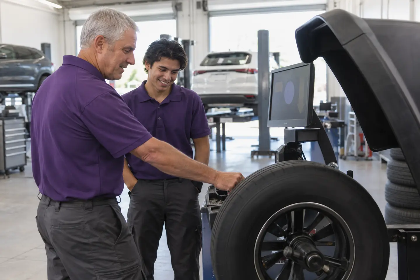 An experienced technician shows an apprentice how to use a wheel balancer