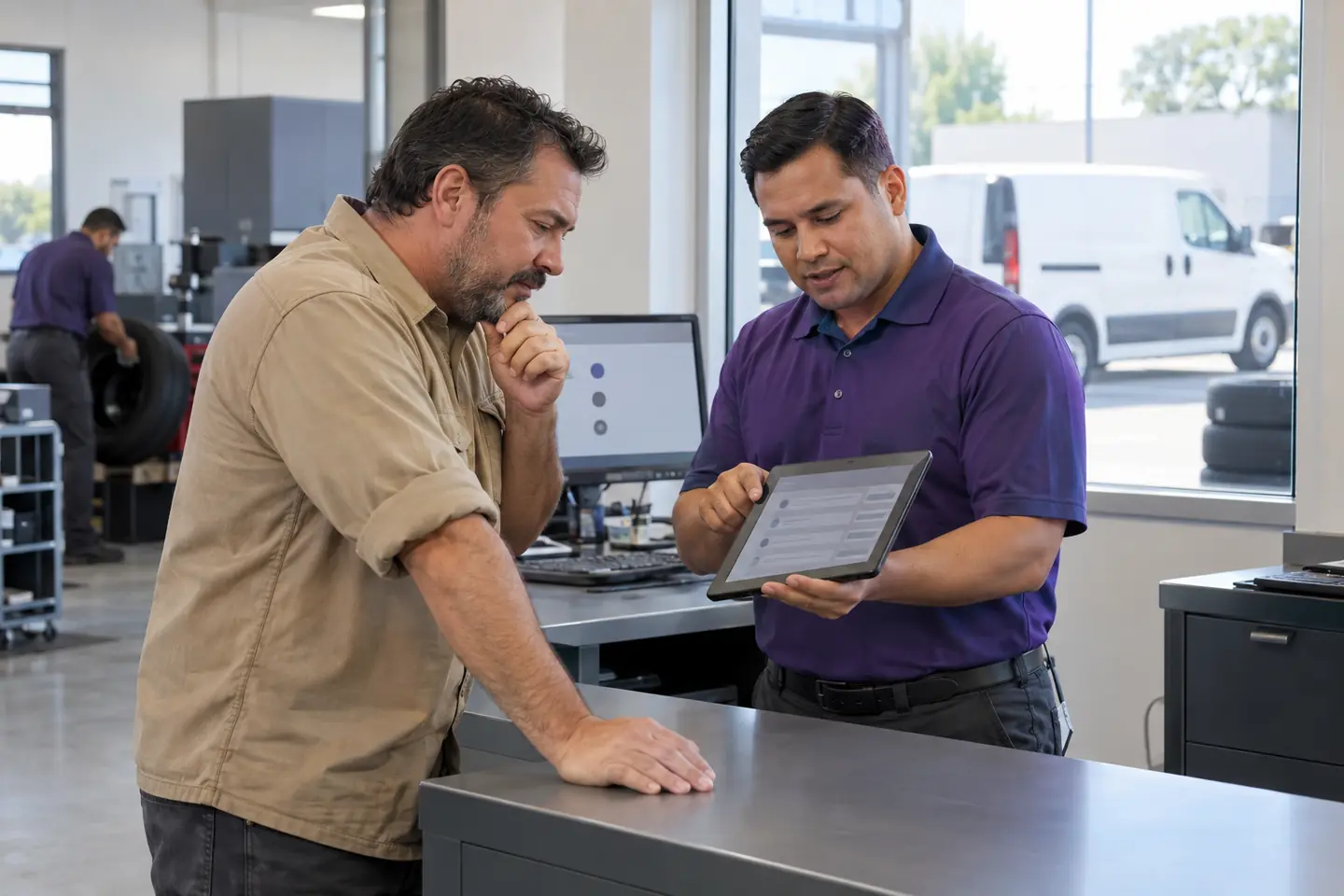 A technician showing findings on a tablet to a customer