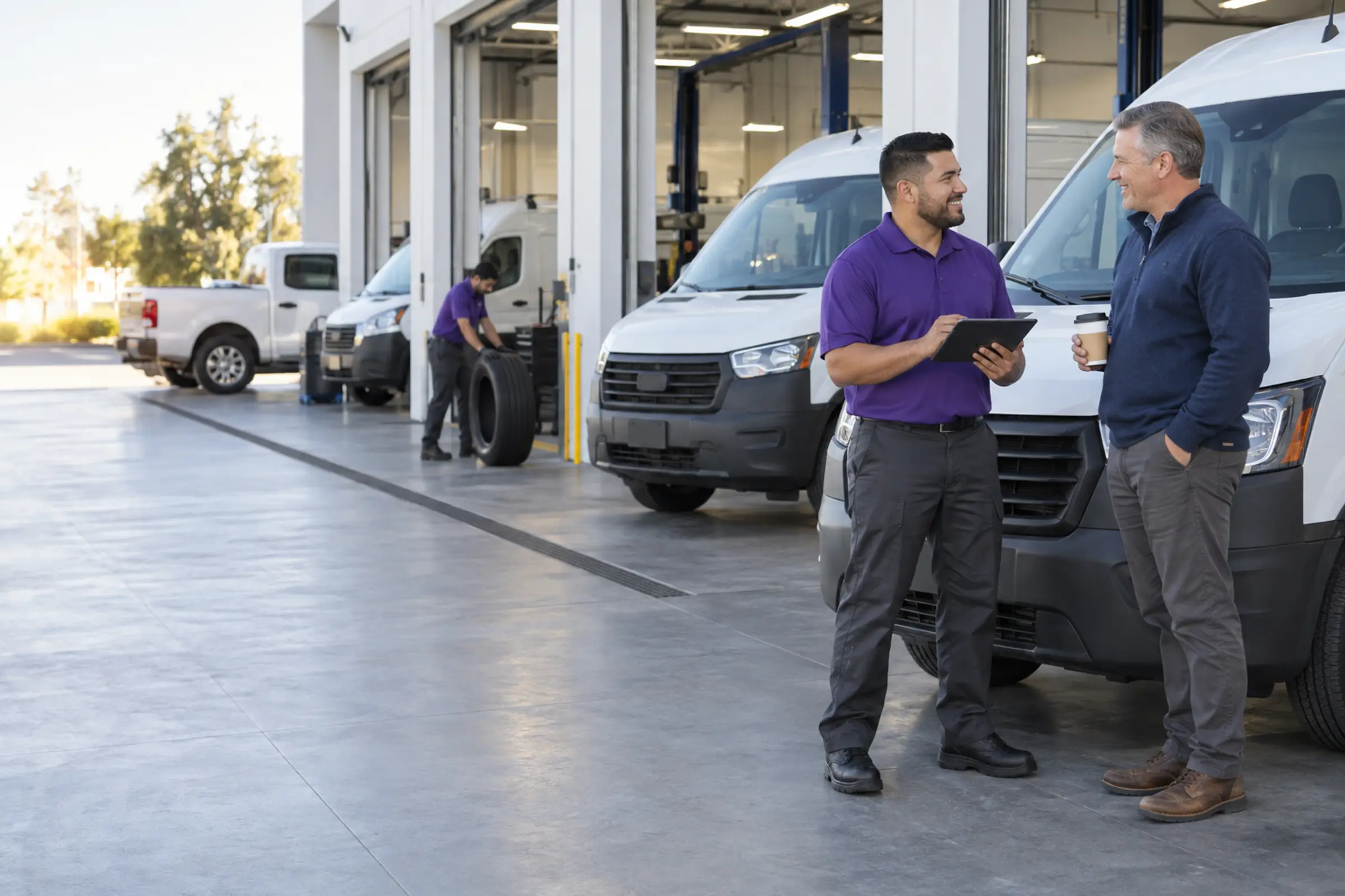 A fleet manager and a store associate review a tablet beside a row of white cargo vans outside the service bays