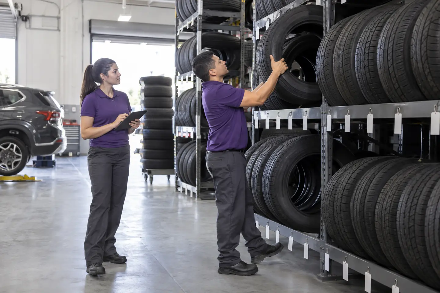 An associate with a tablet and a technician beside tall racks of tires