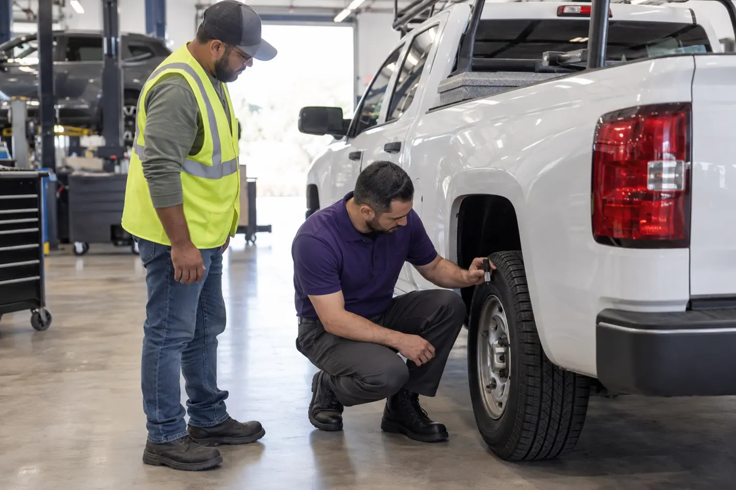 A technician crouches at a white pickup’s wheel while its driver in a safety vest looks on