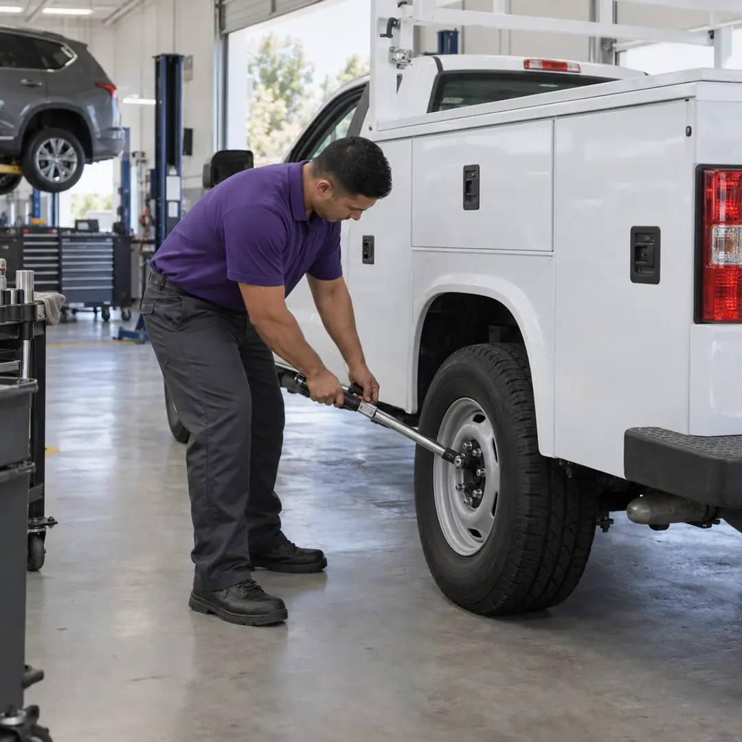 A technician tightening lug nuts with a torque wrench