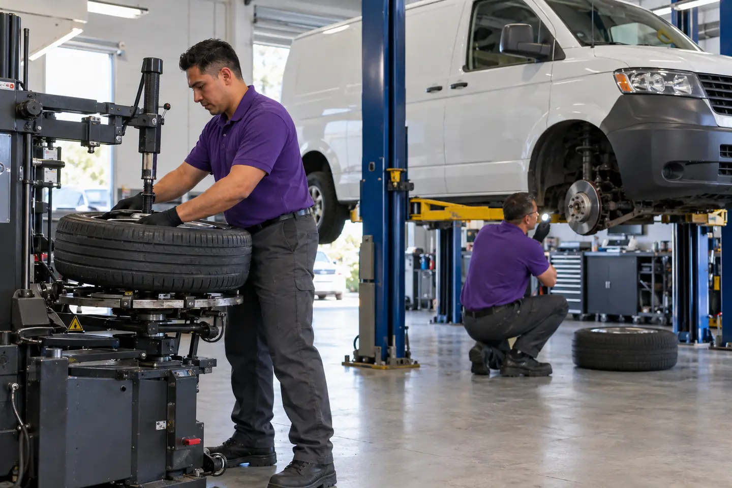 A technician mounts a tire on a changer while a colleague works beneath a white van on a lift