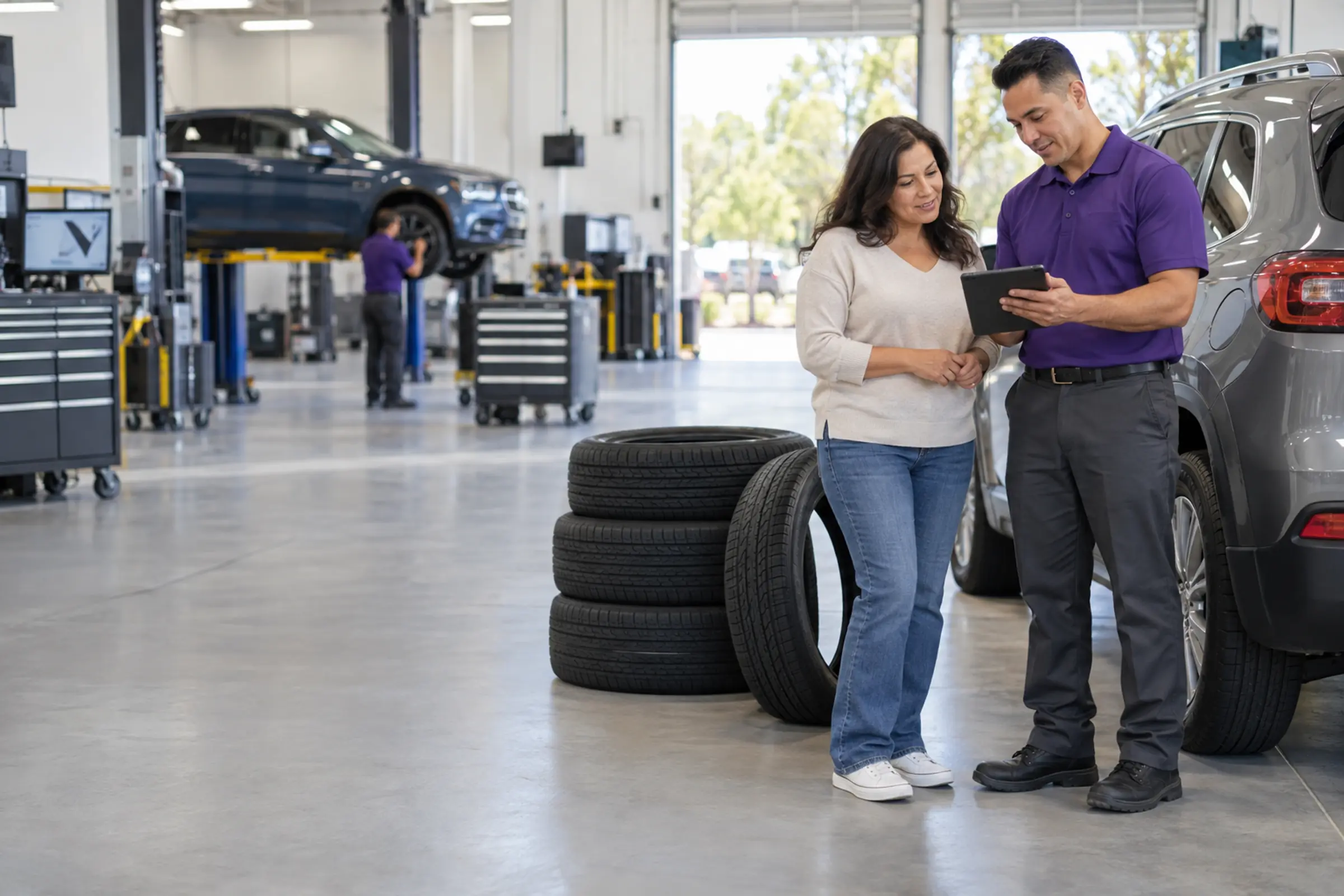 An associate walks a customer through an itemized estimate beside her SUV