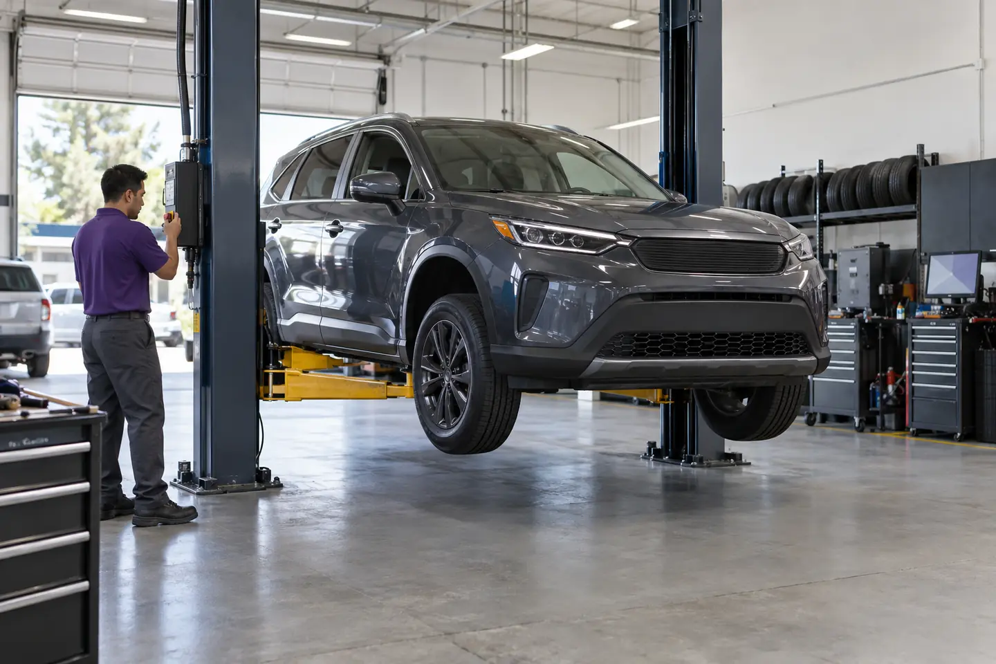 A crossover on four new tires being lowered from the lift