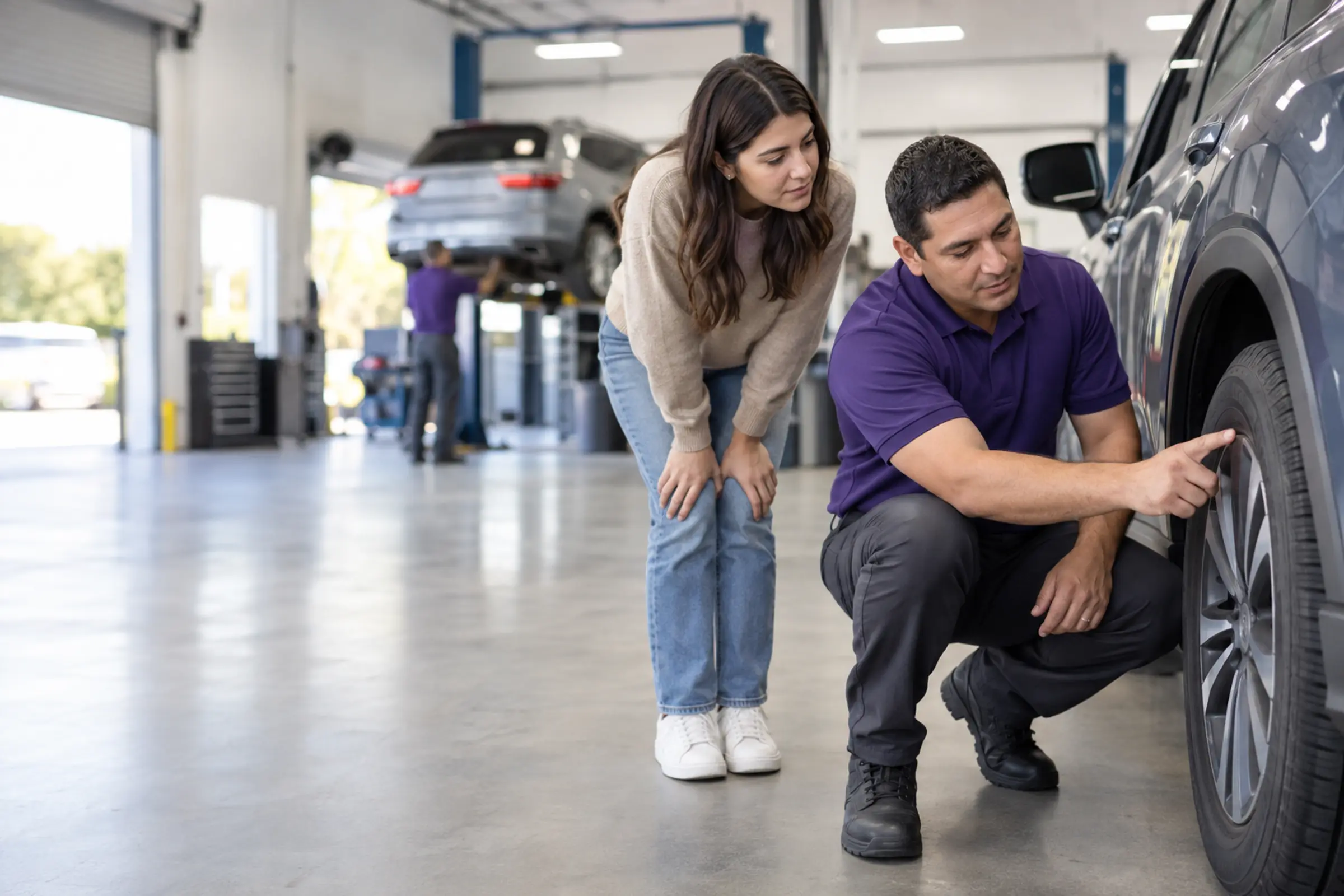 An associate points to a tire sidewall’s size markings for a customer