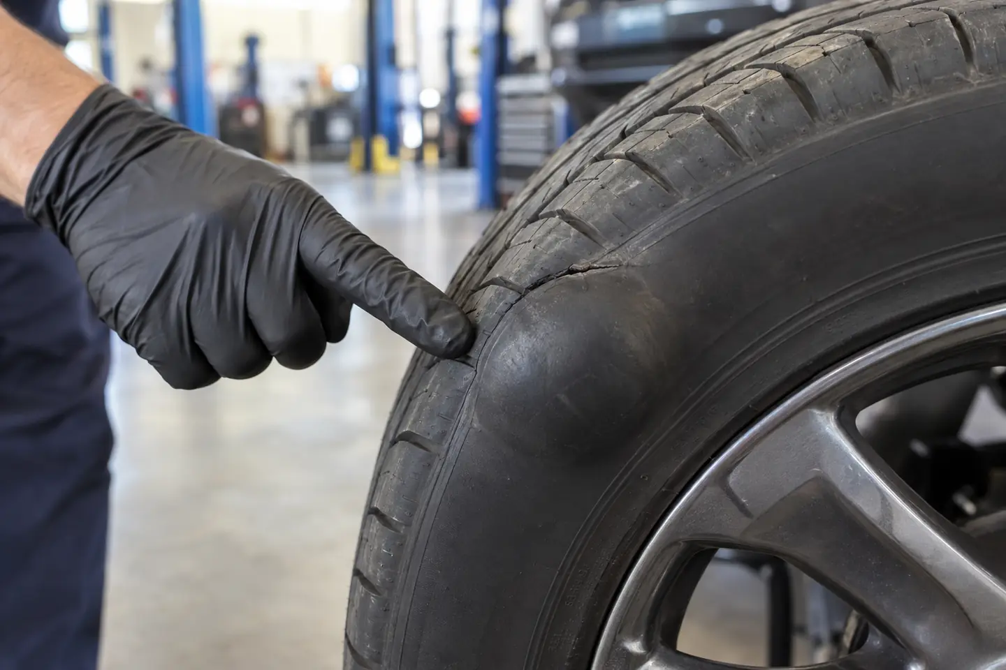 A finger points to a bulge and cut on a tire’s sidewall