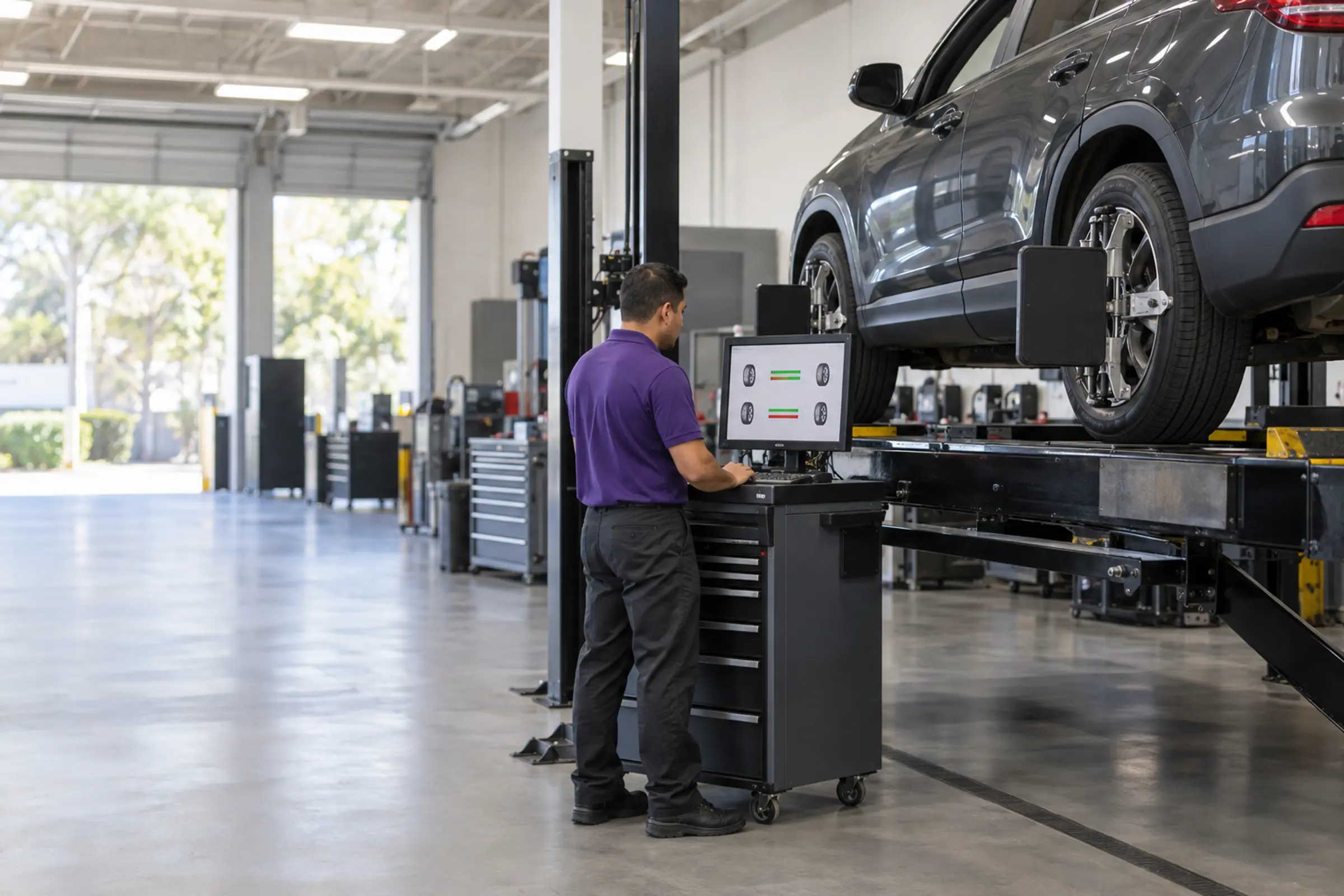 An SUV on an alignment lift with wheel targets, a technician at the console