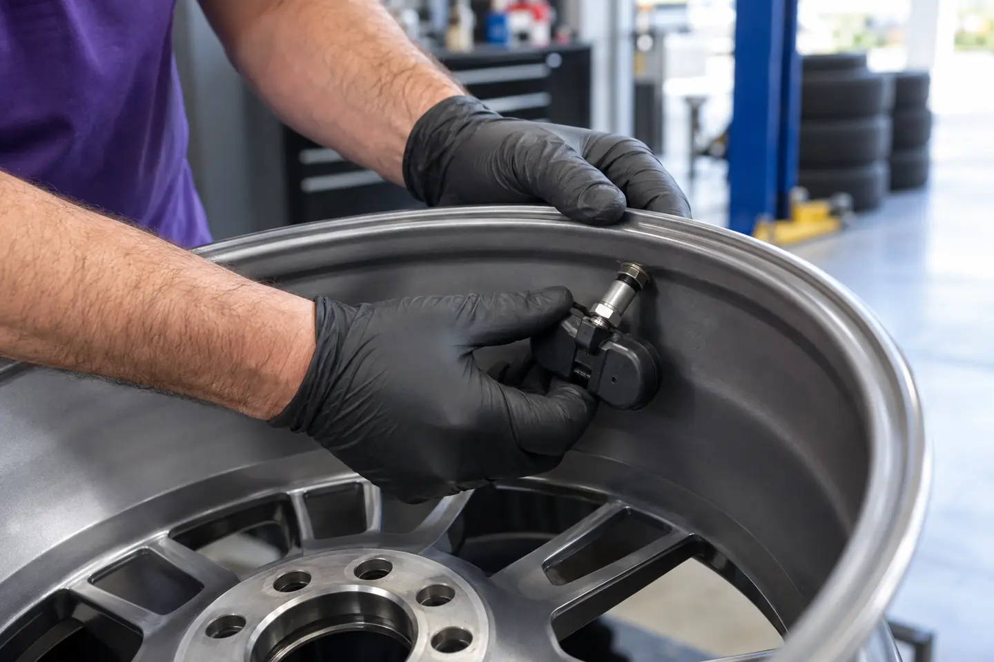 Gloved hands fit a tire pressure sensor inside an alloy wheel