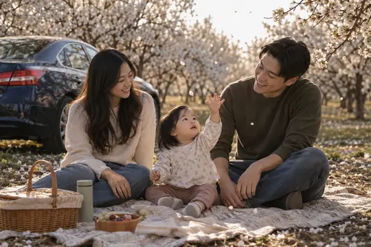 A young family picnicking beside their car in a blooming almond orchard
