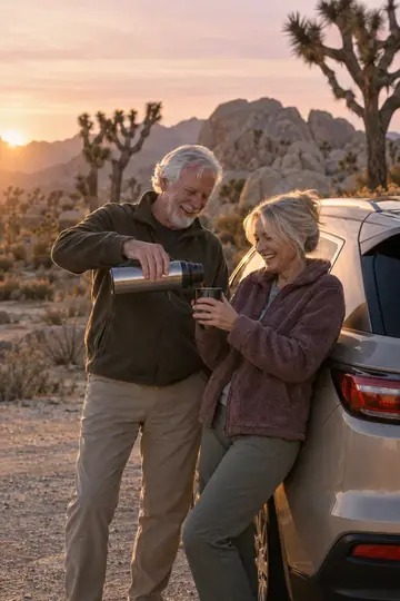 A retired couple sharing coffee beside their car among Joshua trees at sunrise