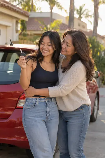 A teen holds up her first car’s key while her mother hugs her