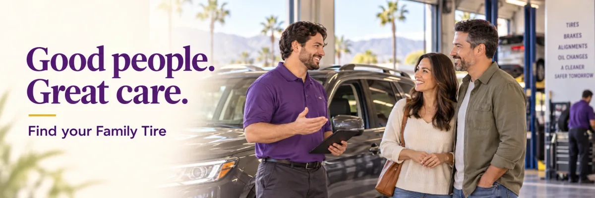 Good people. Great care. Find your Family Tire. A service advisor welcomes a family at the shop.