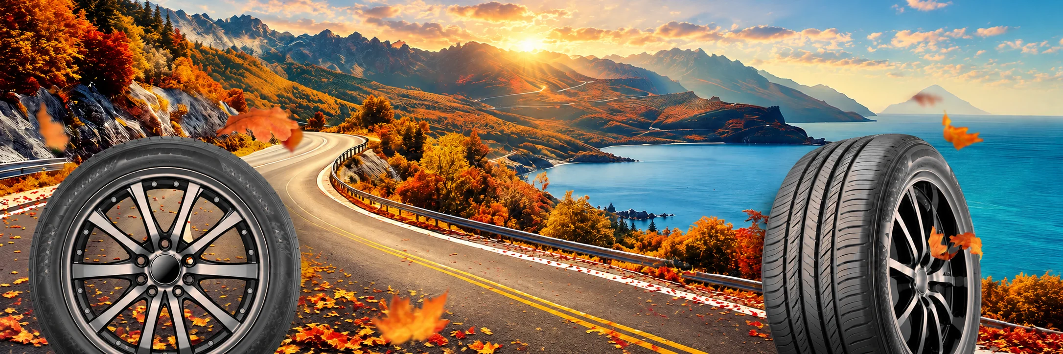 Tires beside an autumn mountain road and lake