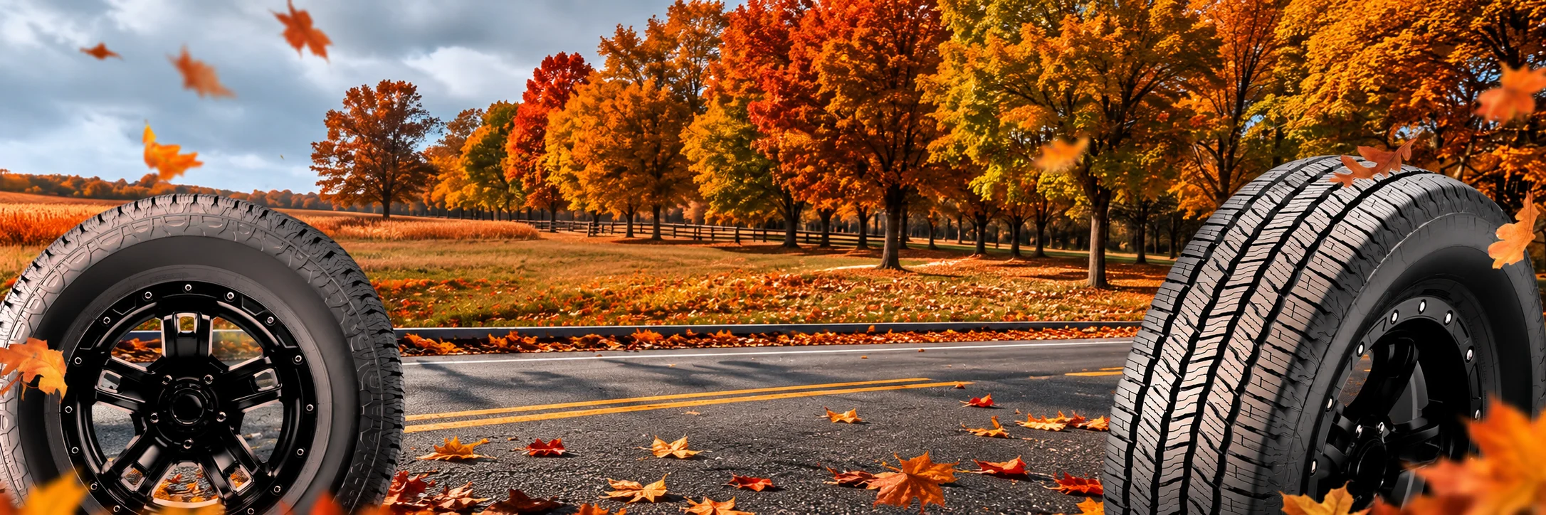 Tires beside an autumn country road