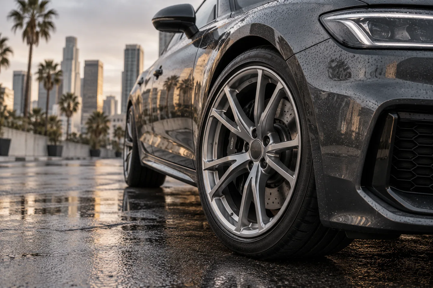 A close-up of a sports sedan wheel on a wet city street