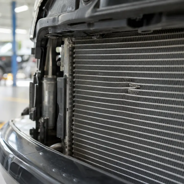 The fins of an A/C condenser behind the grille