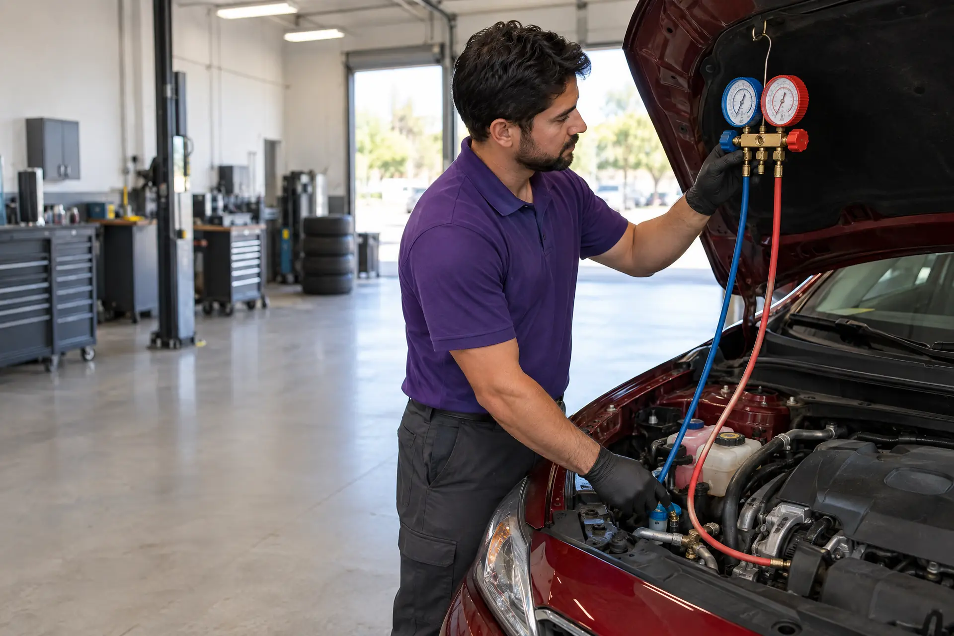 A technician reading A/C gauges connected to a sedan’s service ports