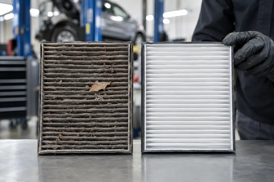 A dusty air filter beside a clean new one