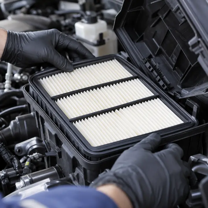 A new engine air filter in its housing