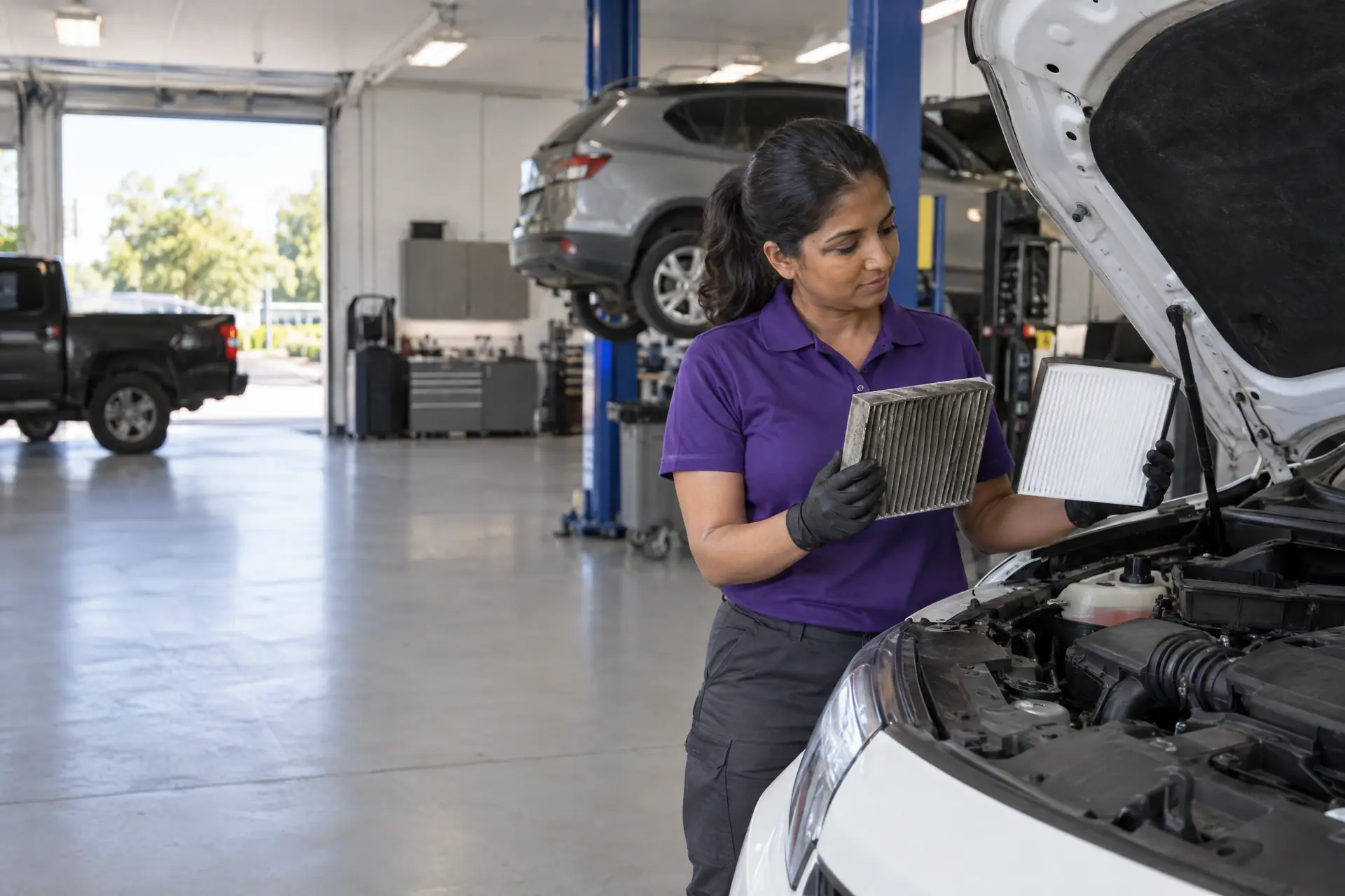 A technician comparing a dirty and a new engine air filter at an open hood