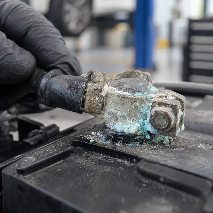 A battery terminal crusted with corrosion