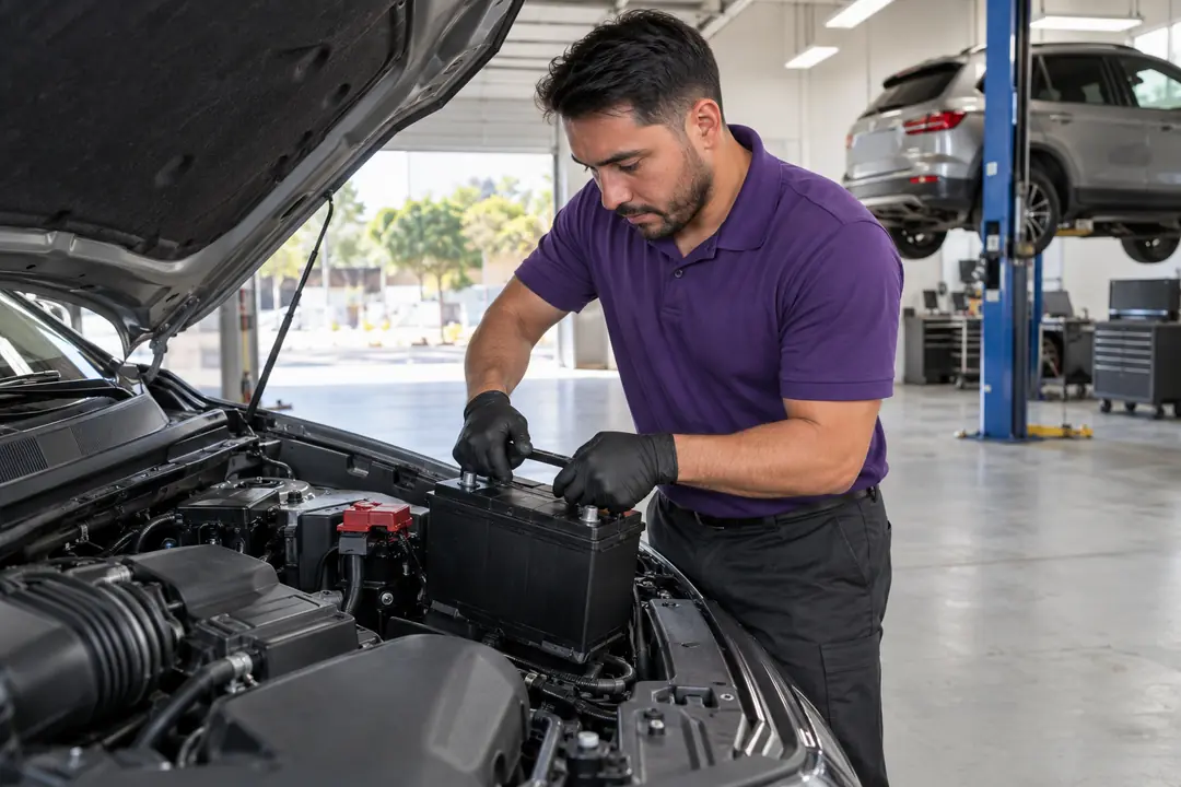 A technician lowering a new battery into the tray