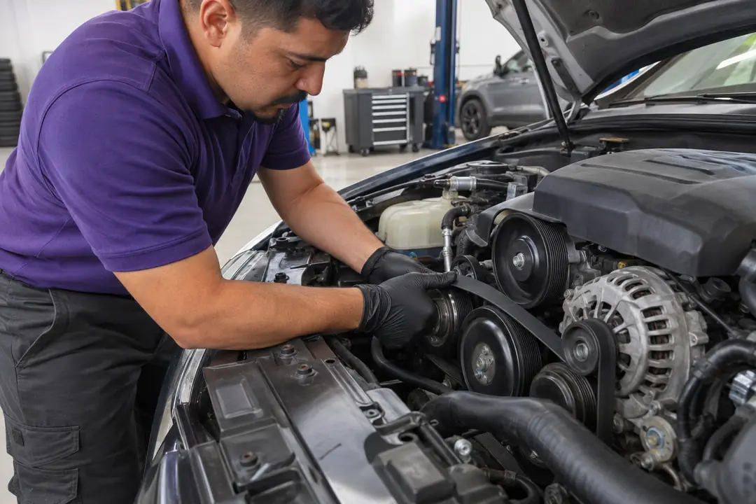A gloved thumb pressing on a serpentine belt