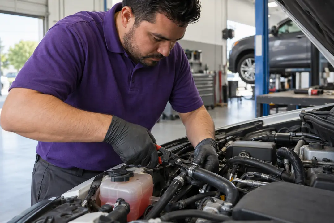 A technician fitting a new hose with clamp pliers