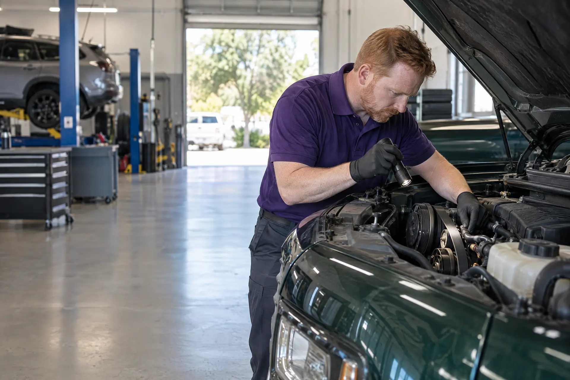 A technician inspecting a serpentine belt with a flashlight