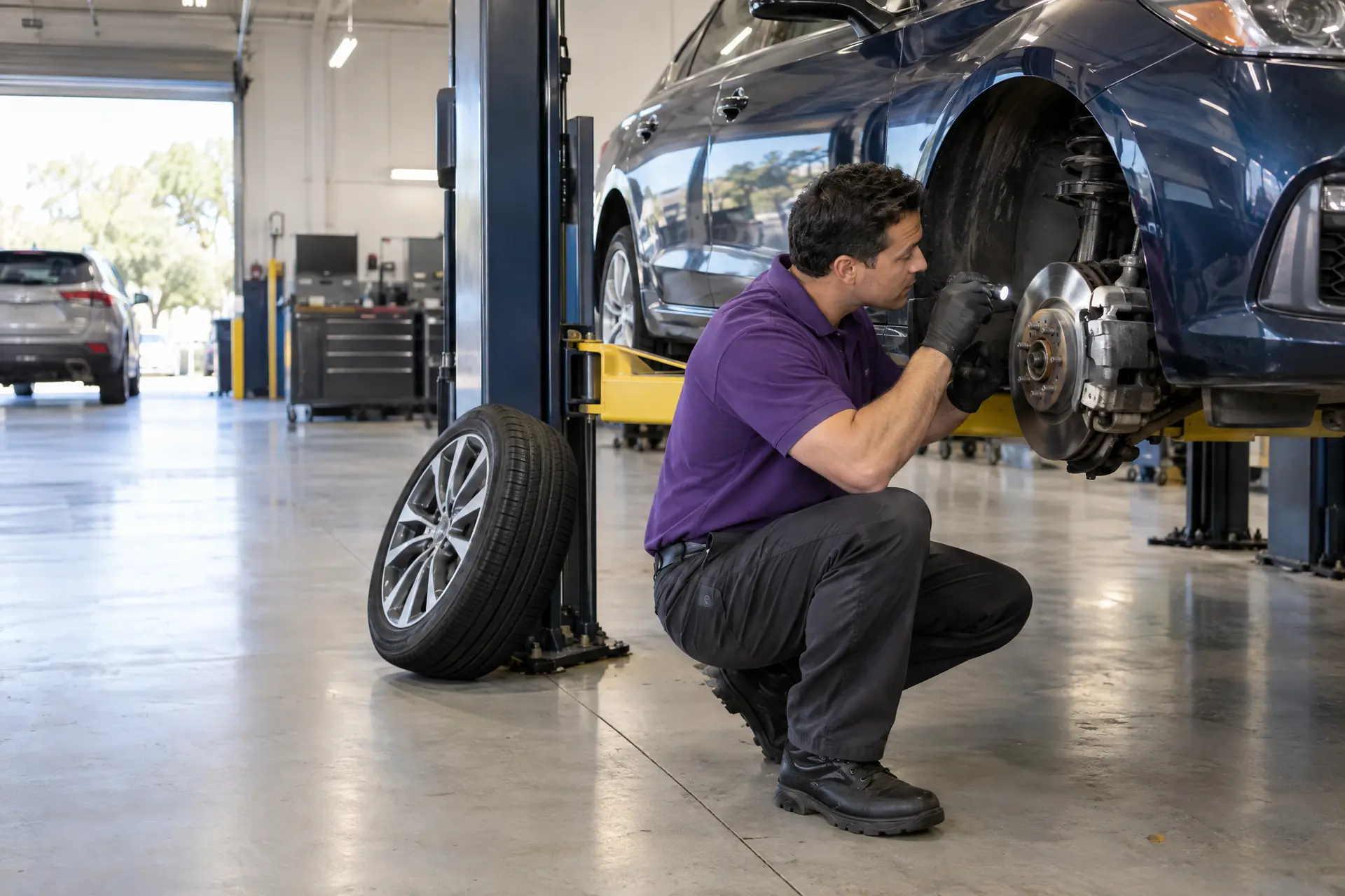 A technician inspecting a front disc brake with a flashlight, the wheel removed