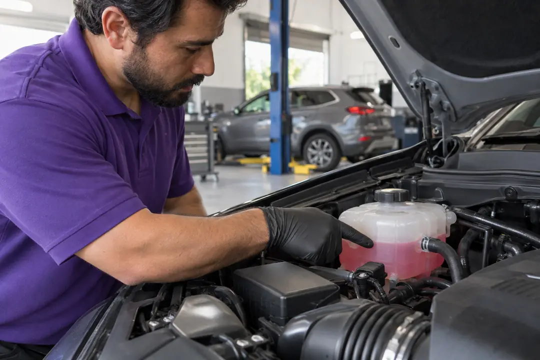 A finger pointing to the coolant level in a reservoir