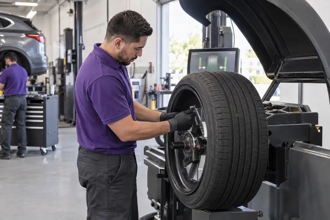 A repaired tire on a wheel balancer