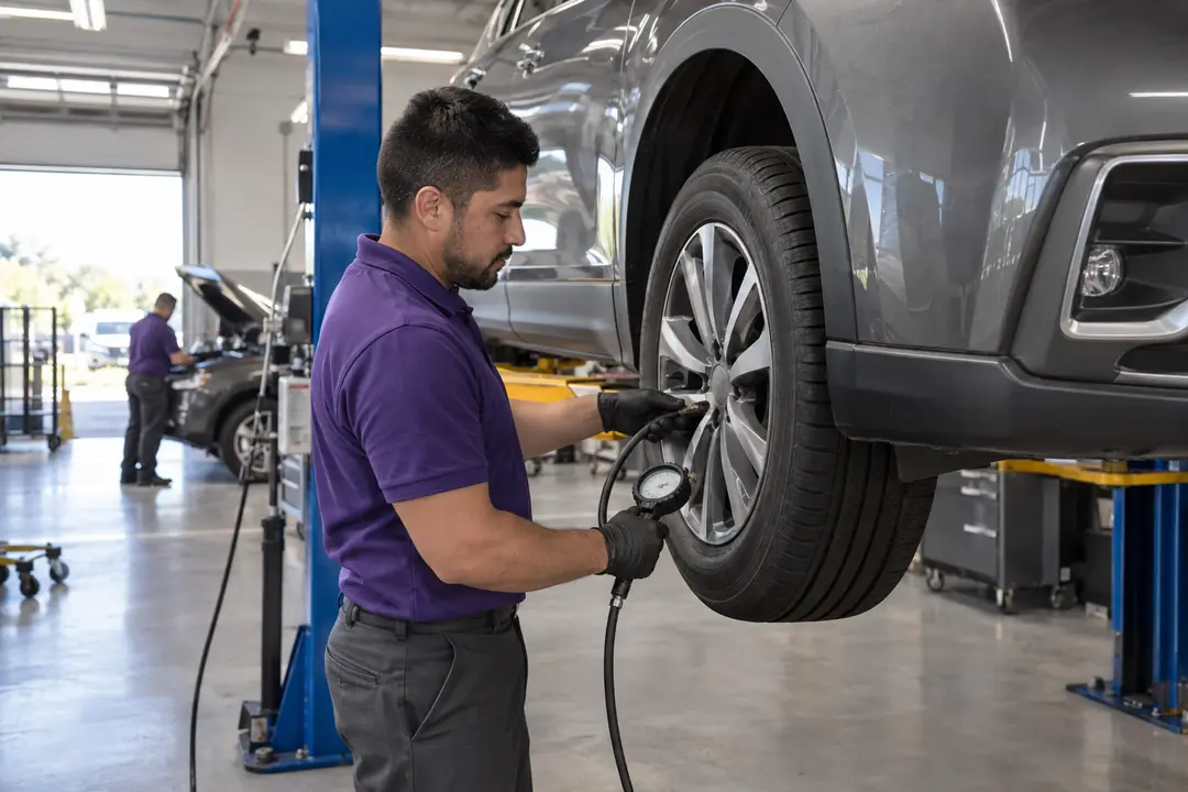 A technician setting tire pressure with an inflator gauge