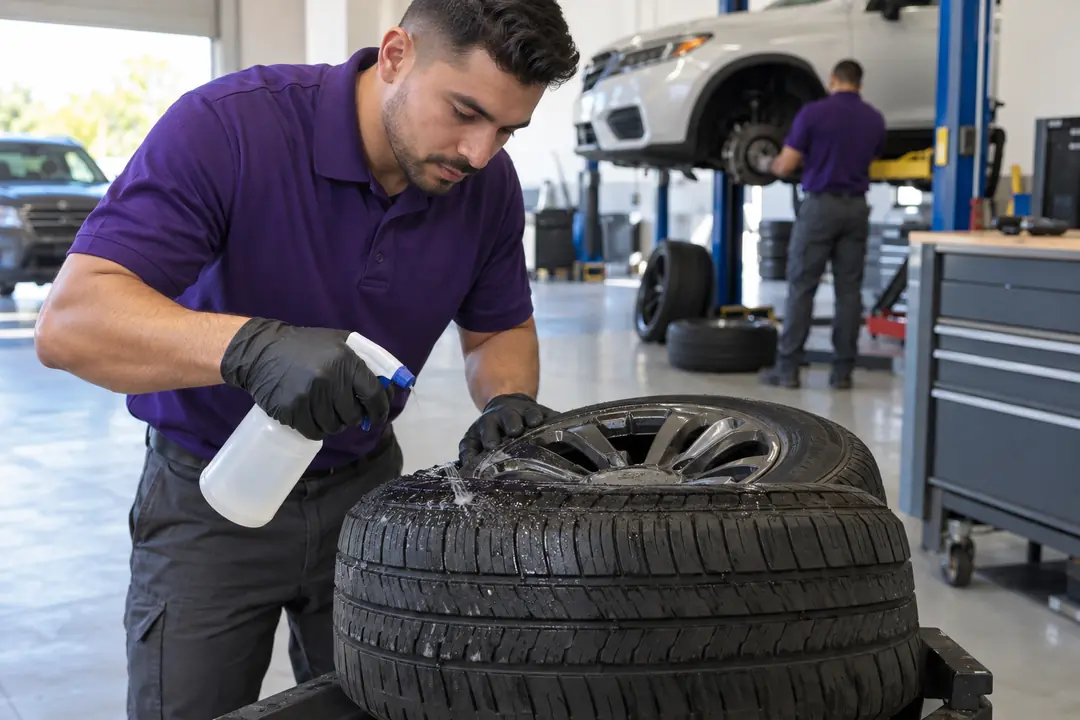 A technician spraying soapy water on a tire’s tread