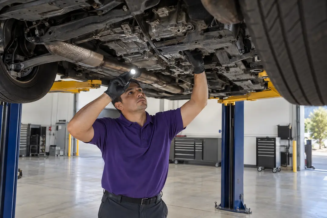 A technician checking under a car for fluid leaks
