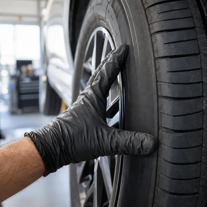 A gloved hand checking a tire sidewall