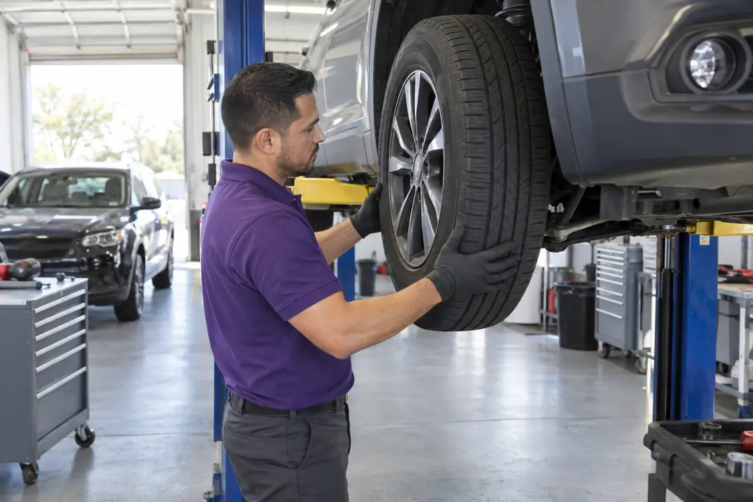 A technician rocking a front tire to check the suspension