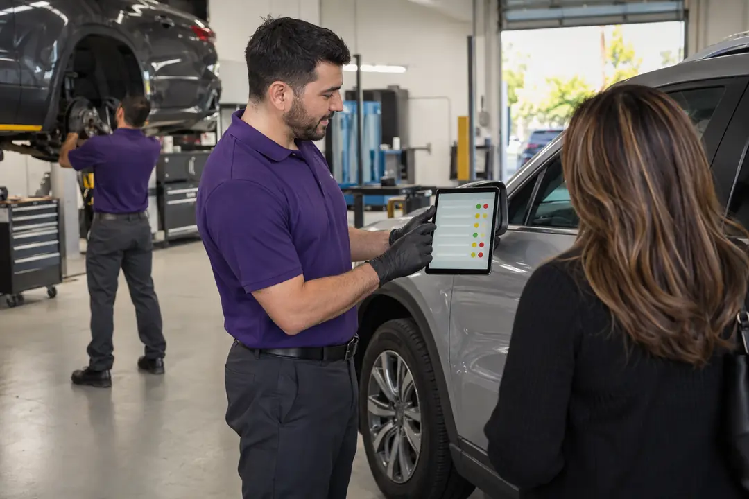 A technician showing findings on a tablet to a customer