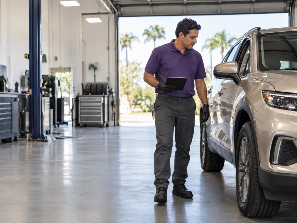 A technician with a tablet walking around an SUV in a bright service bay