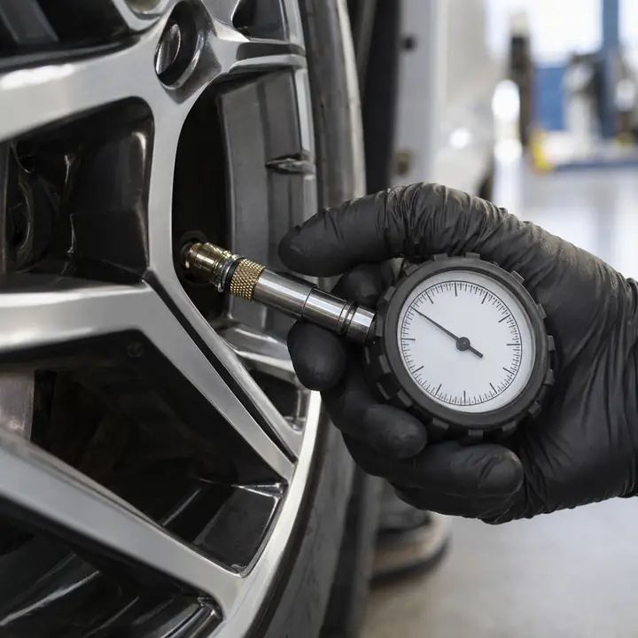 A tire pressure gauge on a valve stem