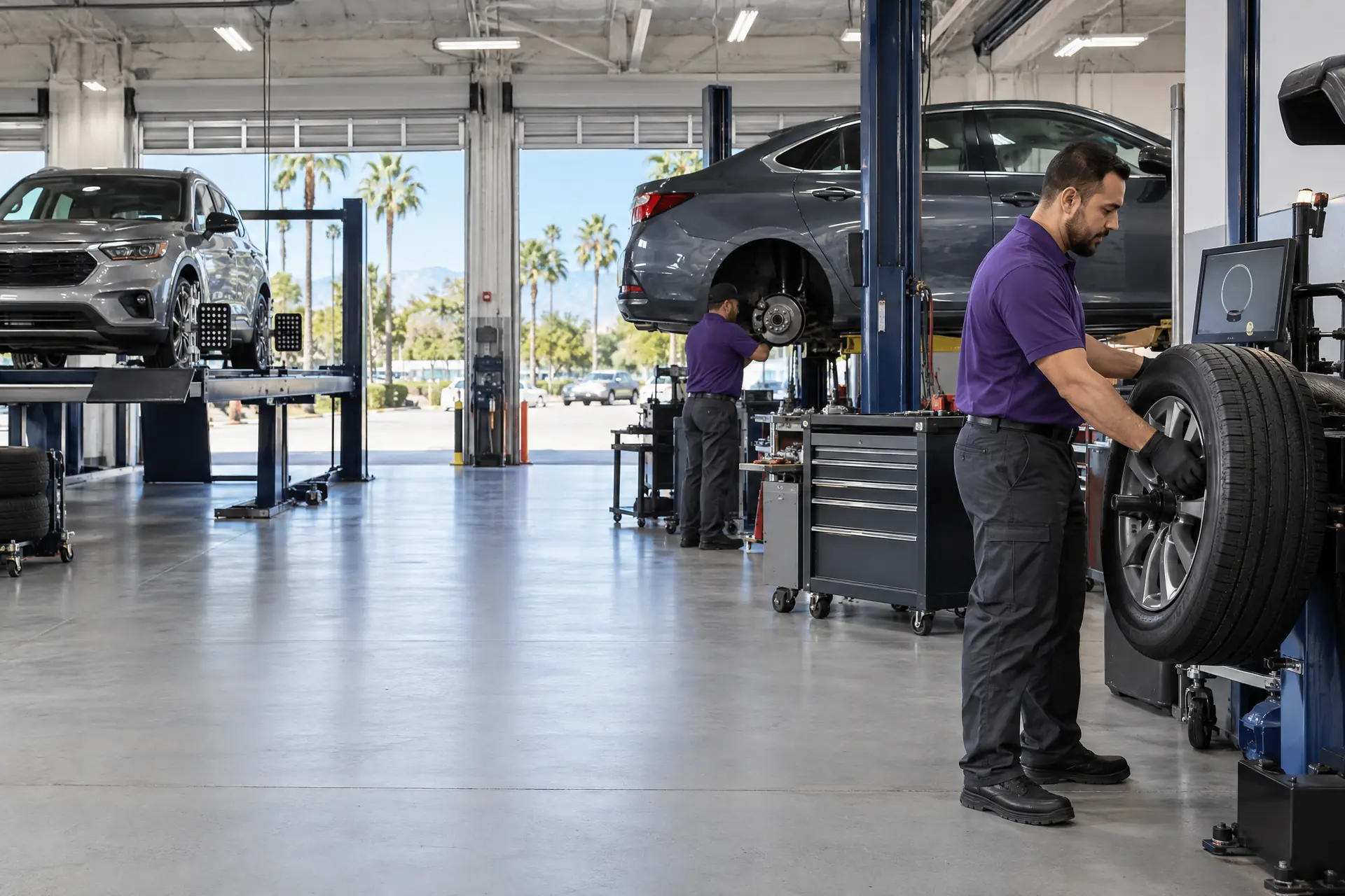 A bright service center with cars on an alignment rack and a lift