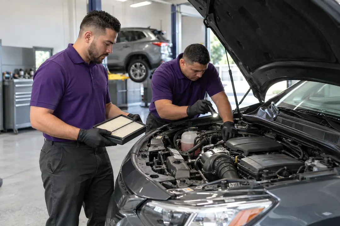 Two technicians working under the hood of a sedan