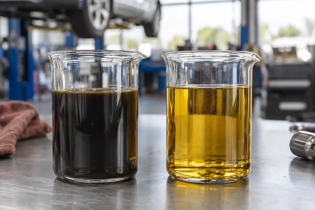 A beaker of dark used oil beside a beaker of golden new oil