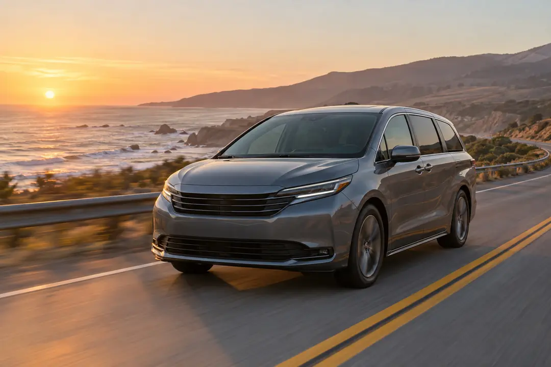 A minivan on a coastal highway at golden hour