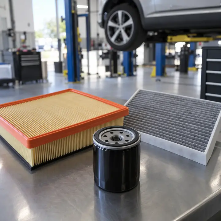 An oil filter, an engine air filter and a cabin air filter on a workbench
