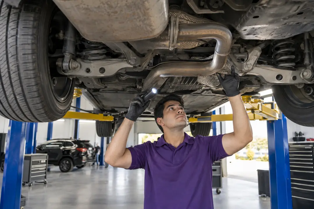 A technician inspecting the underside of a car on a lift