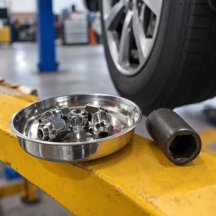 Lug nuts in a magnetic tray on a lift arm